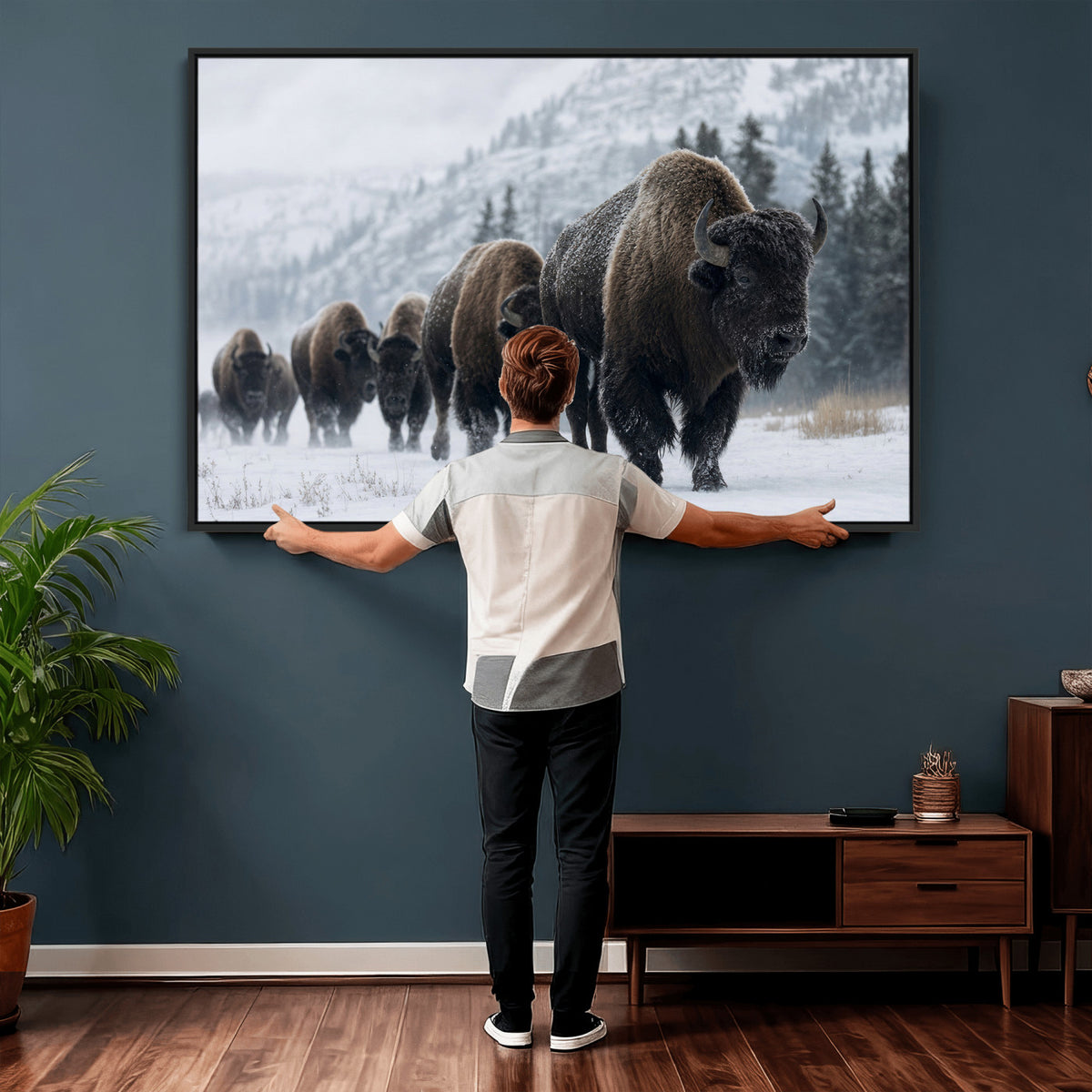 18343289-MGV-CV-36X24 - Rustic Bison Wall Art, American Buffalo Photo Print, Wildlife Canvas Artwork, Snowy Mountain Decor, Large Nature Poster, Cabin Gift Idea