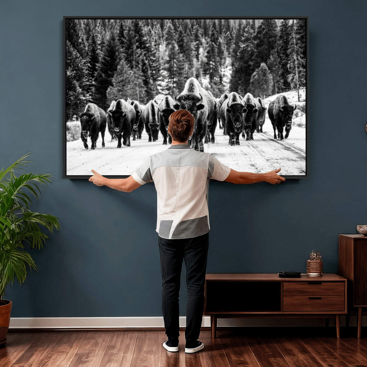 79337077-MGV-CV-36X24 - Black and White Bison Canvas Art, American Buffalo Print, Winter Wildlife Photography, Rustic Forest Wall Decor, Large Statement Nature Gift