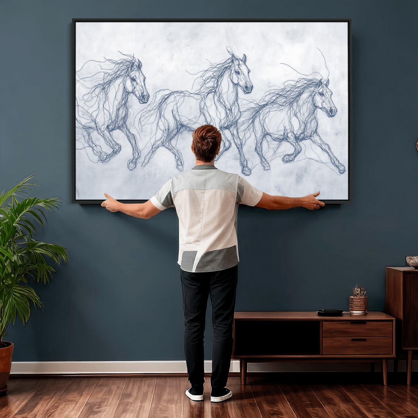 41163601-MGV-CV-36X24 - Indigo Blue Horse Line Art Canvas, Steel Grey Wild Horses Print, Abstract Navy Scribble Artwork, Modern Slate Equine Wall Decor, Coastal Ranch Gift