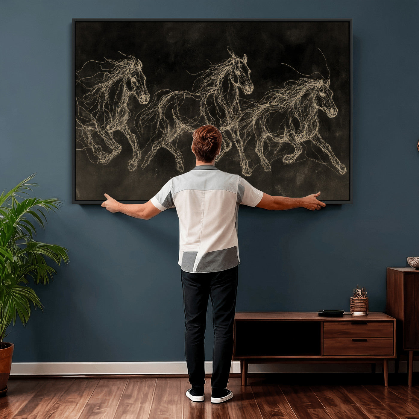 15344242-MGV-CV-36X24 - Dark Horse Line Art Canvas, Gold Scribble Wild Horses Print, Black Chalkboard Wall Art, Modern Luxury Equine Decor, Masculine Office Gift