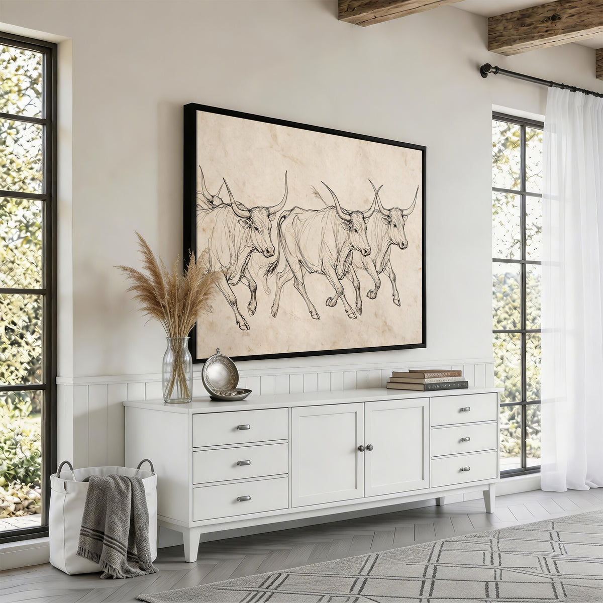 87177621-MGV-CV-36X24 - Minimalist Longhorn Line Art, Modern Texas Bull Canvas Print, Abstract Western Wall Decor