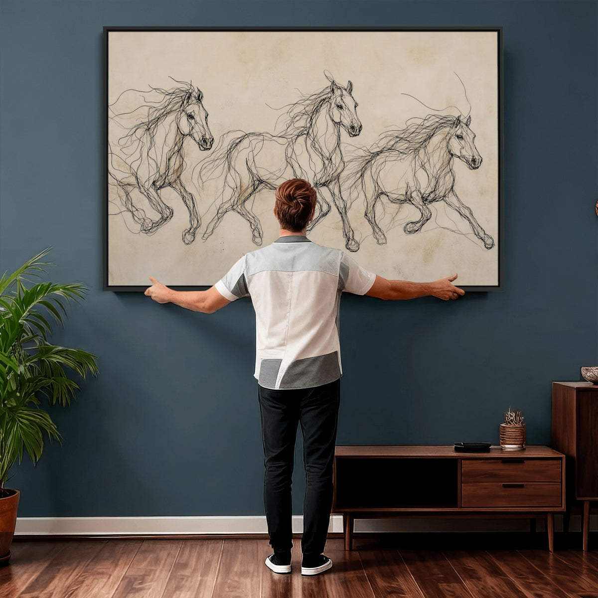 81051673-MGV-CV-36X24 - Abstract Horse Line Art Canvas, Gesture Sketch Wild Horses Print, Modern Scribble Artwork, Minimalist Equine Wall Decor, Rustic Studio Gift