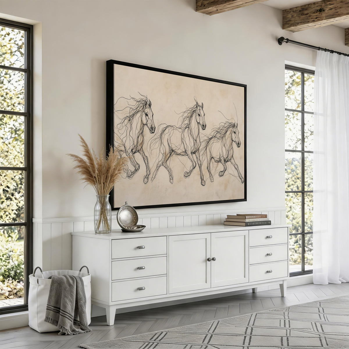 81051673-MGV-CV-36X24 - Abstract Horse Line Art Canvas, Gesture Sketch Wild Horses Print, Minimalist Equine Decor