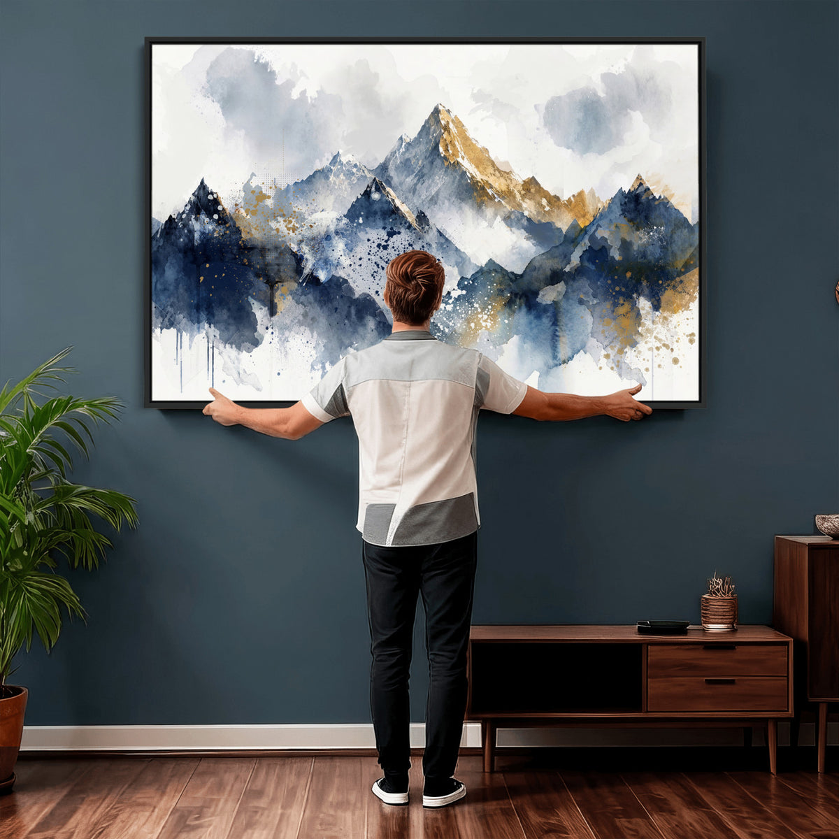 87460616-MGV-CV-36X24 - Abstract Mountain Canvas Wall Art, Blue Gold Foil Landscape Print, Modern Indigo Watercolor Poster, Large Abstract Nature, Luxury Office Gift
