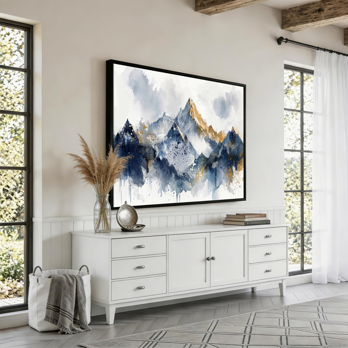 87460616-MGV-CV-36X24 - Abstract Mountain Canvas Wall Art, Blue Gold Foil Landscape Print, Modern Indigo Wall Decor