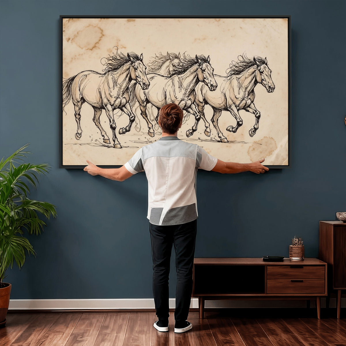 18242163-MGV-CV-36X24 - Vintage Horse Sketch Canvas Wall Art, Wild Horses Pencil Drawing Print, Antique Parchment Western Decor, Equine Sketching, Country Manor Gift