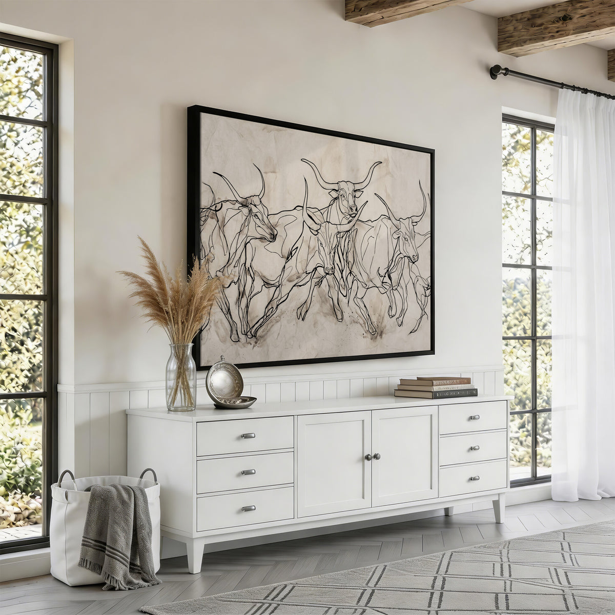 16671245-MGV-CV-36X24 - Minimalist Longhorn Line Art, Modern Texas Bull Canvas Print, Abstract Western Wall Decor