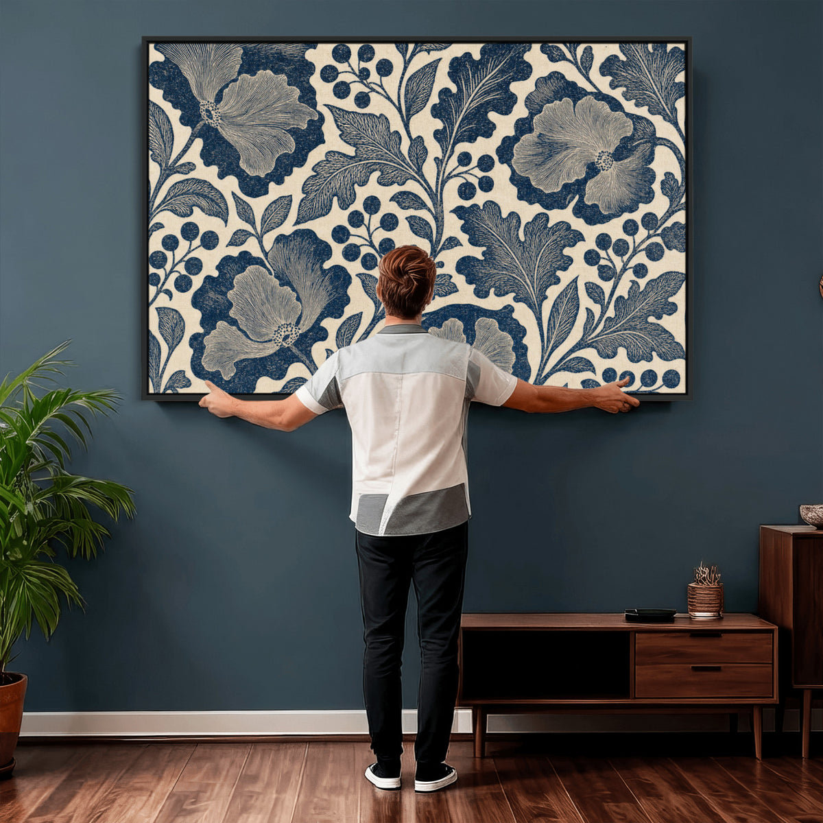 23824002-MGV-CV-36X24 - William Morris Style Navy Blue Floral Wall Art Canvas Print, Vintage Cream Botanical Painting Print