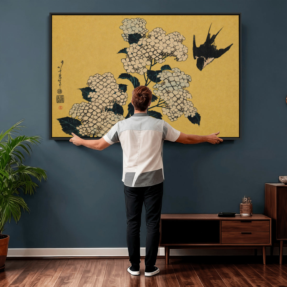 92483501-MGV-CV-36X24 - Katsushika Hokusai Hydrangea and Swallow Wall Art Canvas Print, Japanese Woodblock Painting Print