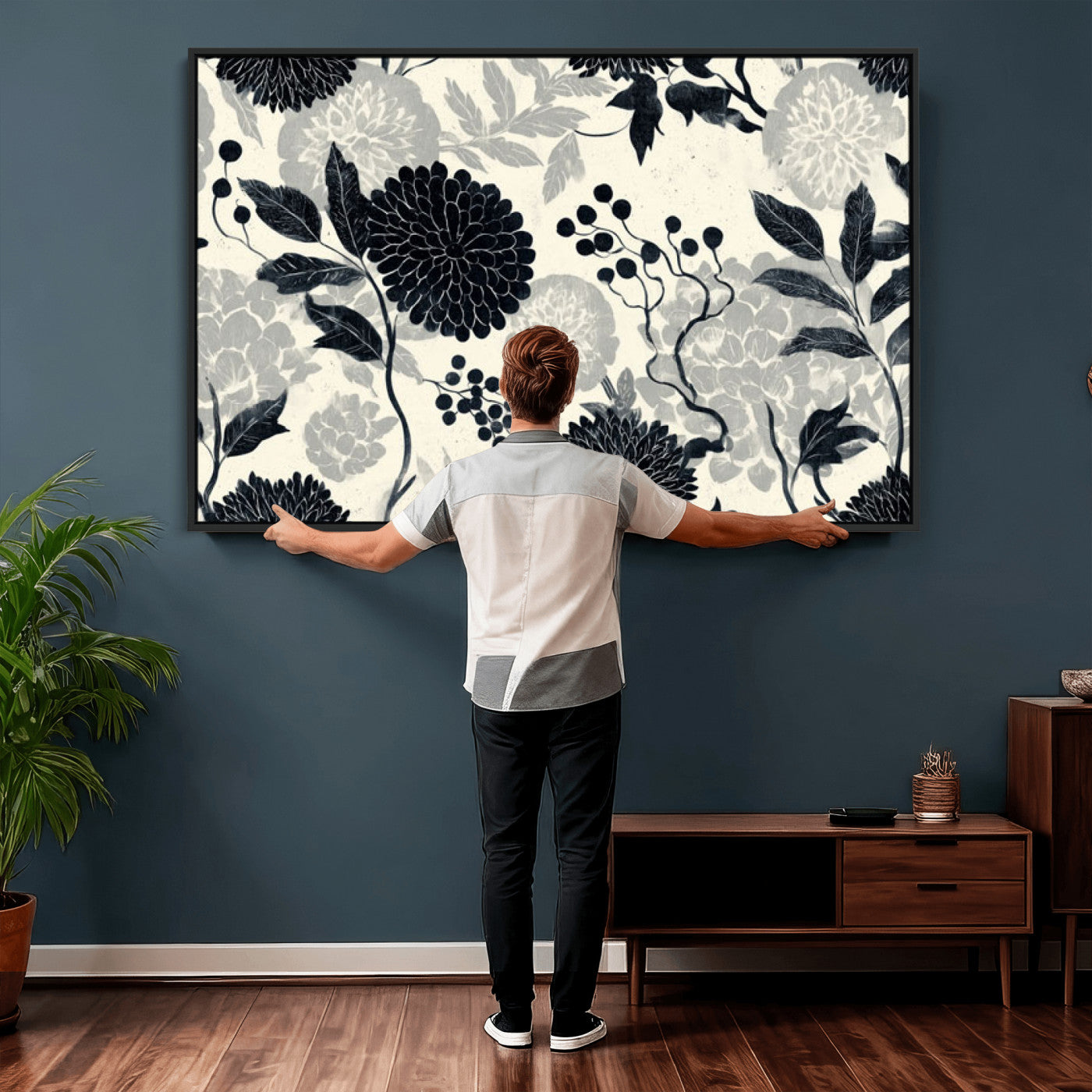 61524791-MGV-CV-36X24 - Vintage Black Chrysanthemum Wall Art Canvas Print, Monochrome Dhalia Floral Painting Print
