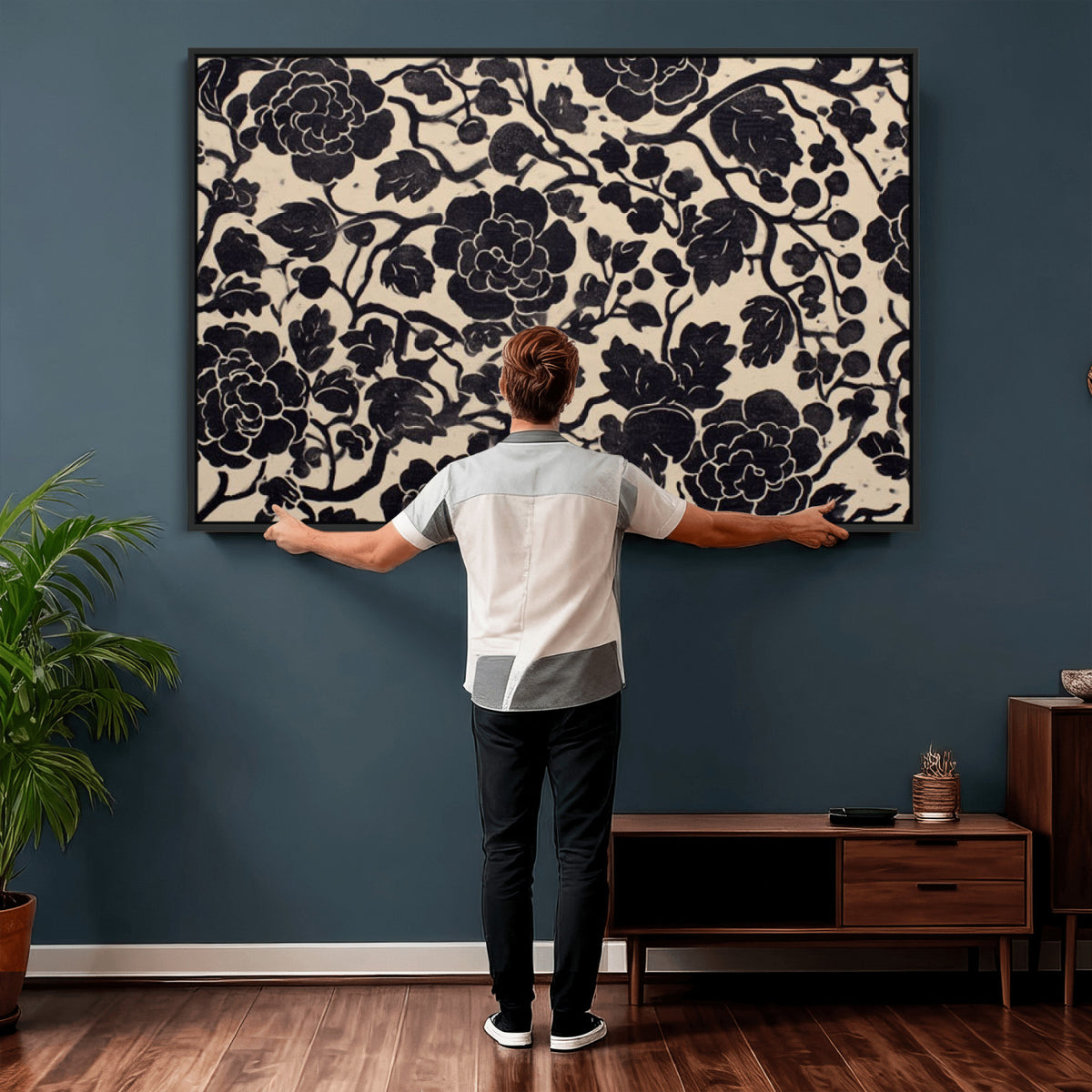 86696255-MGV-CV-36X24 - Vintage Black and Cream Floral Wall Art Canvas Print, Chinoiserie Botanical Painting Print