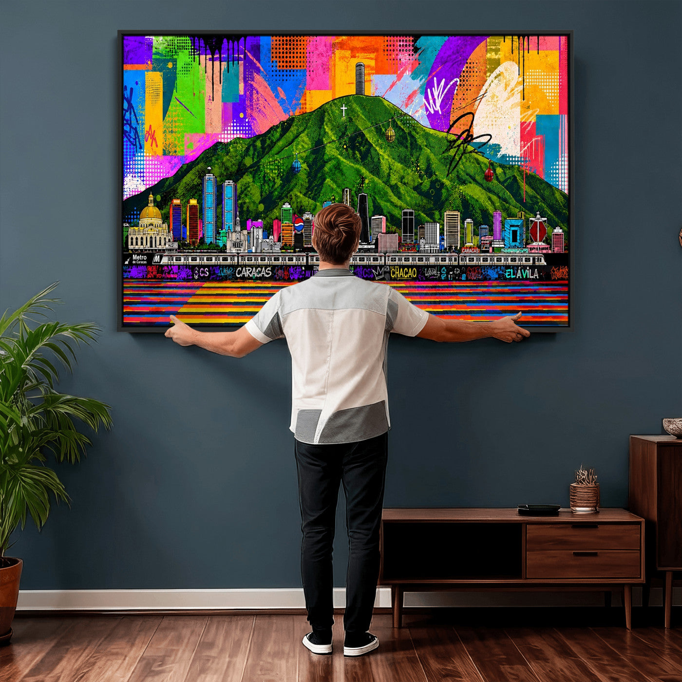 86696255-MGV-CV-36X24 - Mount Ávila, Caracas, Venezuela Wall Art Print by Artist Yorlette - Graffiti Caracas Skyline Canvas Art, Colorful Street Artwork - Venezuela El Avila Poster Print