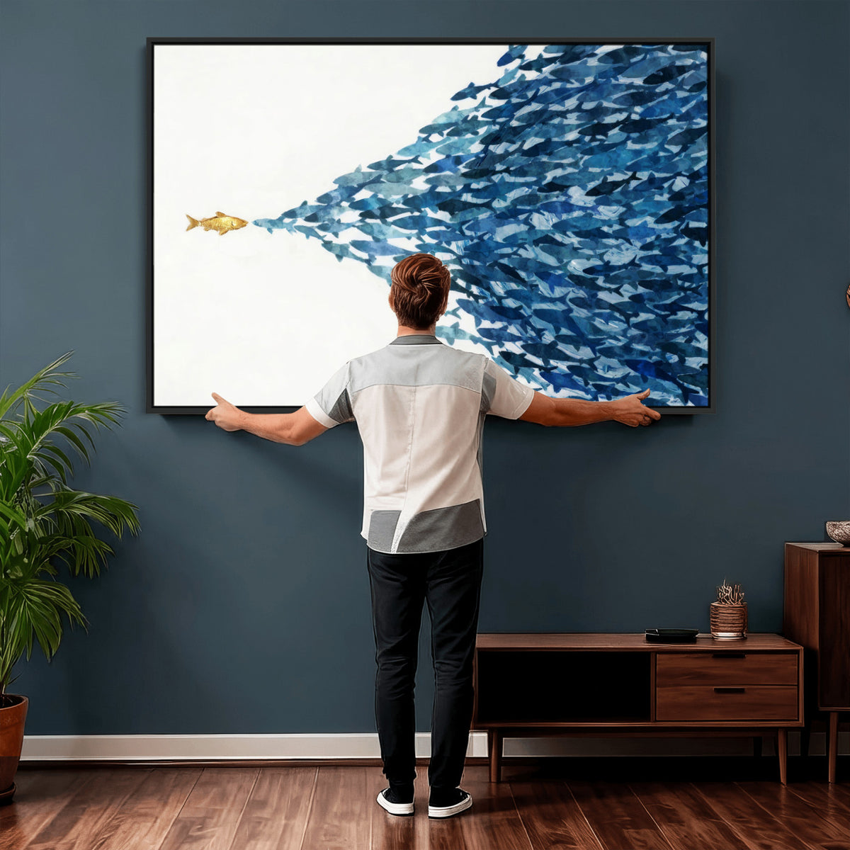 79089639-MGV-CV-36X24 - Abstract Blue Fish School Canvas Wall Art, Gold Foil Accent Marine Print