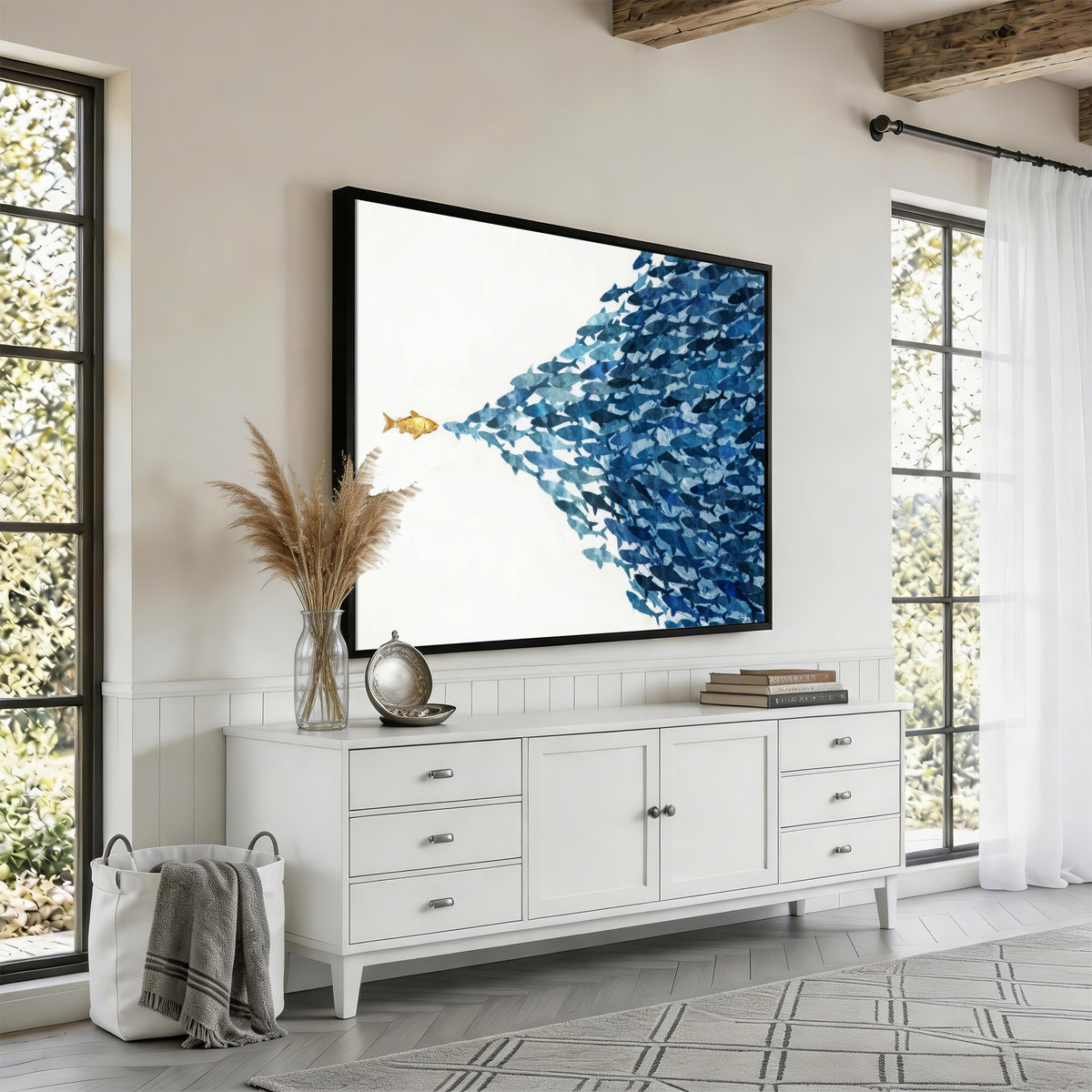 79089639-MGV-CV-36X24 - Abstract Blue Fish School Canvas Wall Art, Gold Foil Accent Marine Print