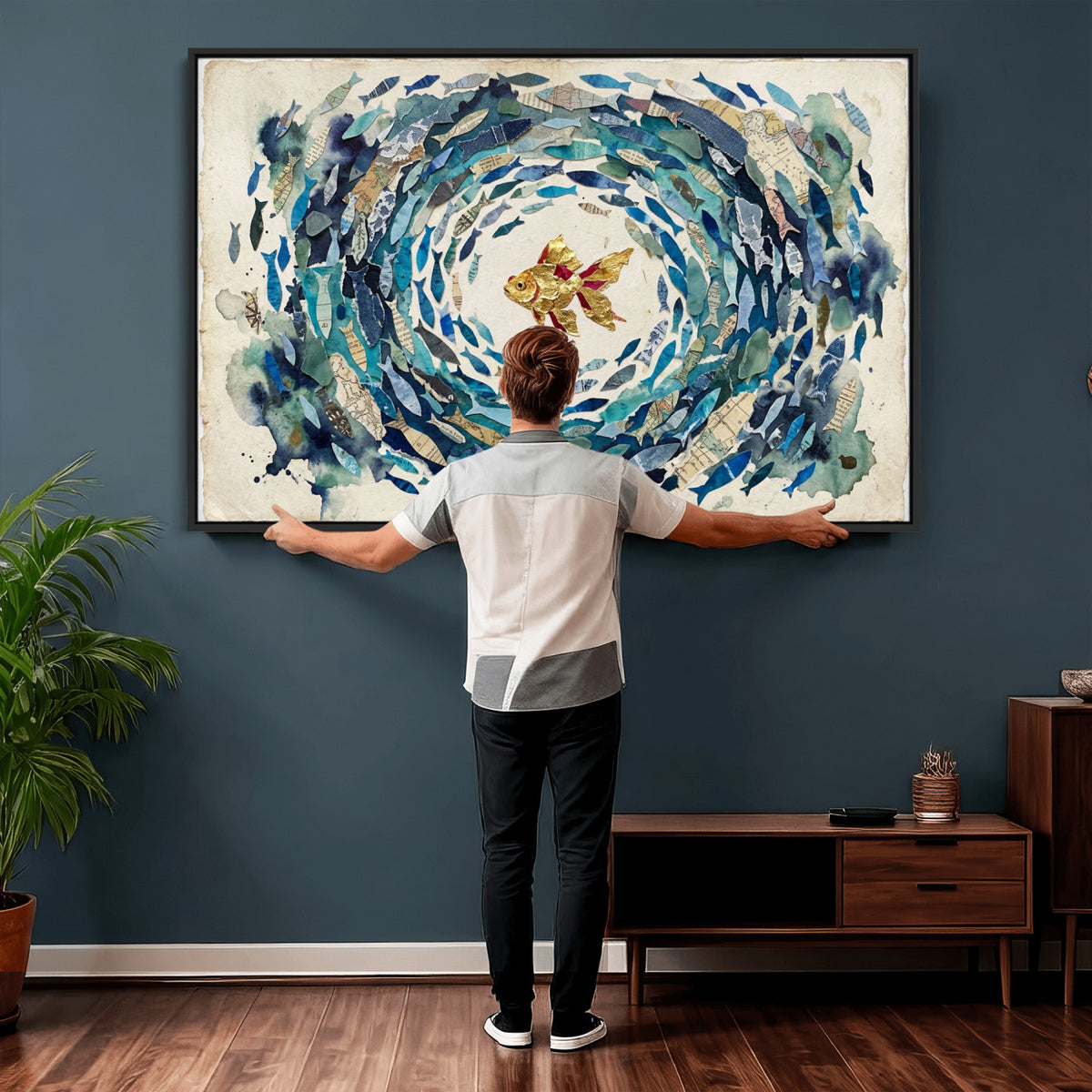 73165663-MGV-CV-36X24 - Mixed Media Blue Fish Swirl Canvas Wall Art, Goldfish Collage Ocean Print