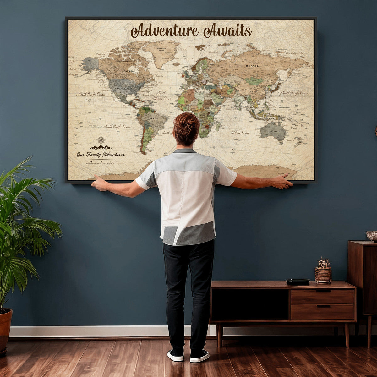 12264959-MGV-CV-36X24 - Our Family Adventures Push Pin World Map Wall Art Canvas Print - Family Travel Tracker Map with Pins