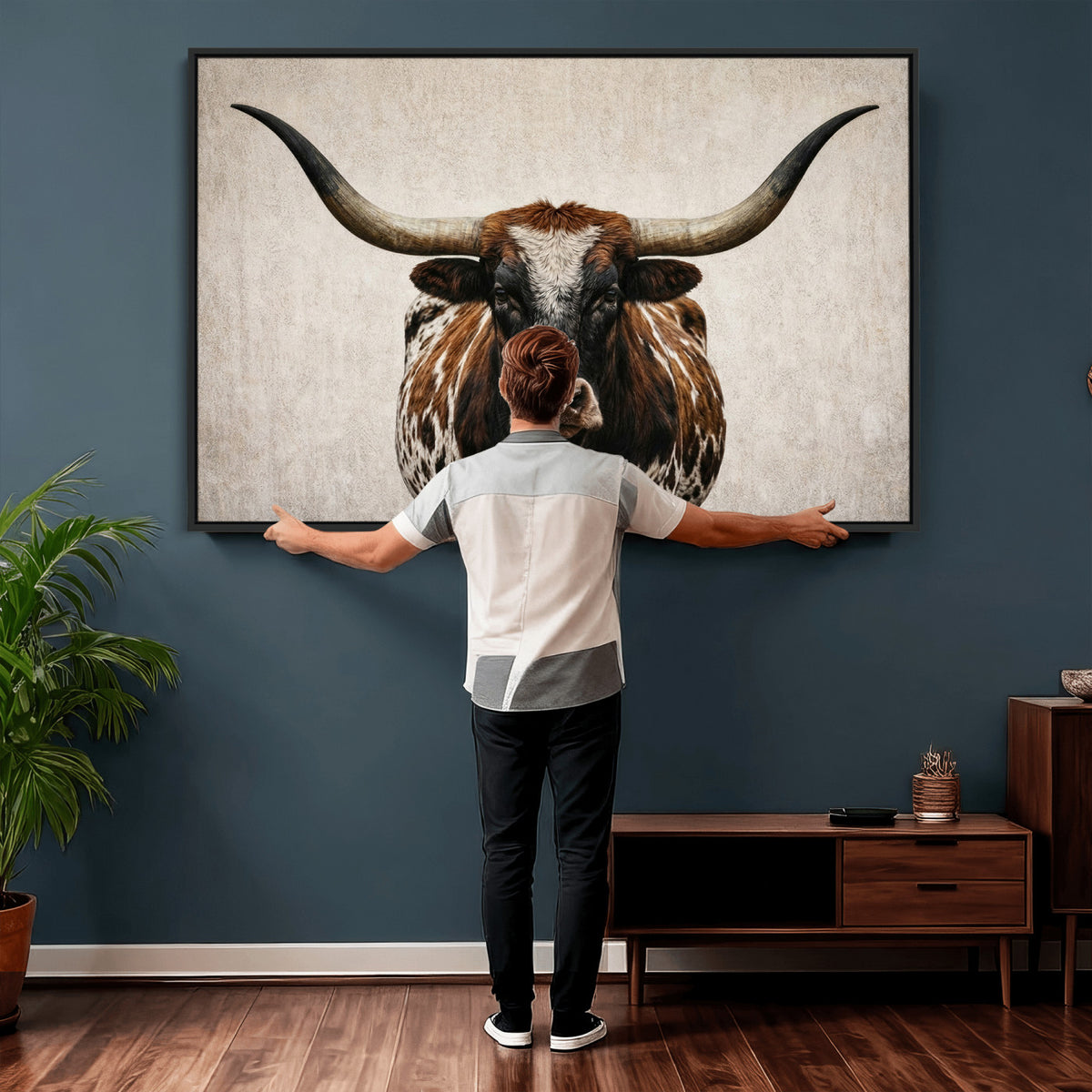 58622065-_Poster-30x20 - Texas Longhorn Canvas Wall Art, Western Bull in a Moody Grey Desert, Rustic Farmhouse Decor for Living Room
