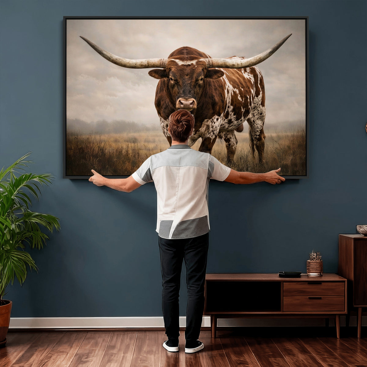 25239047A-MGV-CV-36X24 - Texas Longhorn Canvas Wall Art Western Bull Desert Moody Grey Overcast Rustic Farmhouse Framed Large for Living Room Bedroom Office Decor