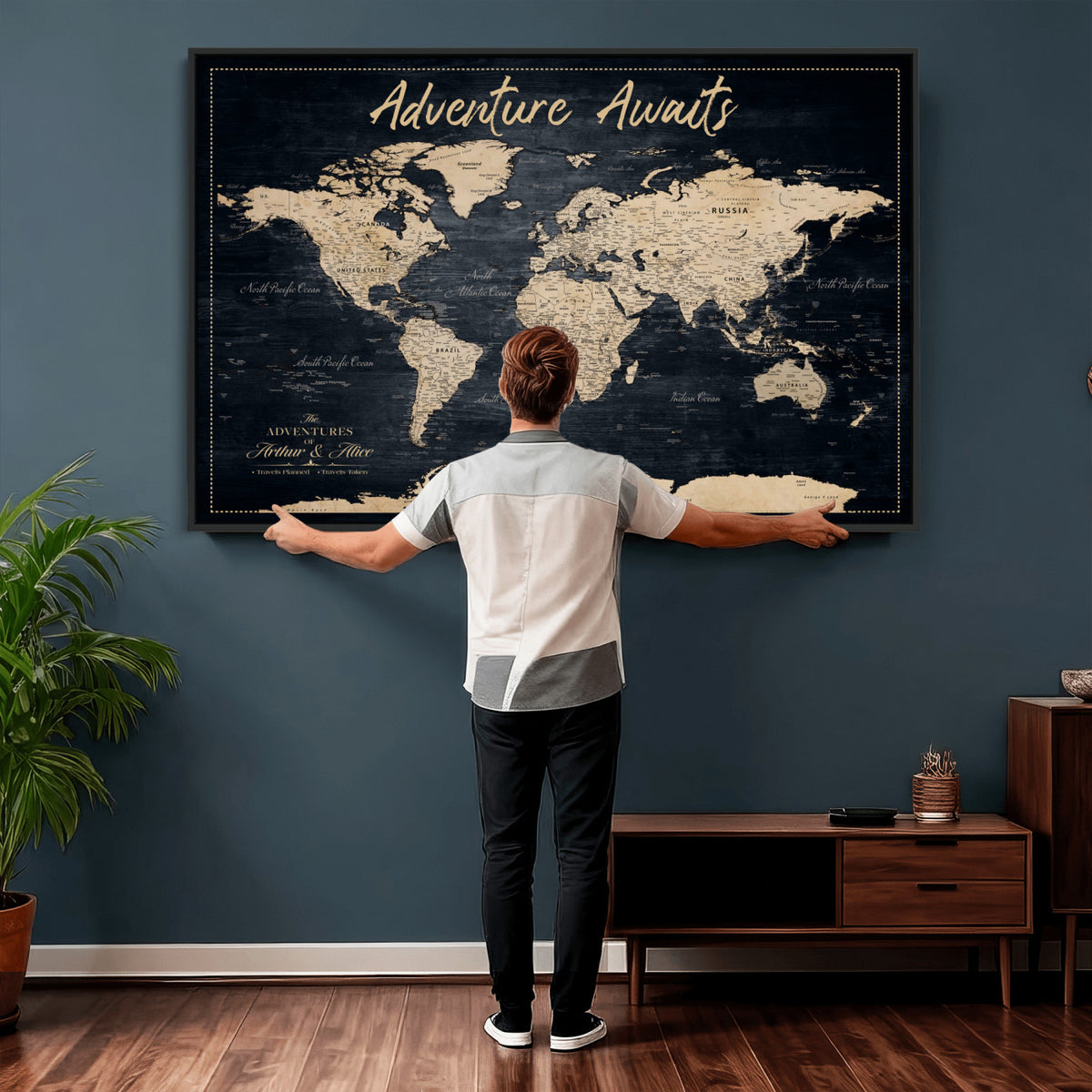 688173822-MGV-CV-36X24 - Extra Large Vintage Personalized Push Pin World Map Wall Art Canvas Print