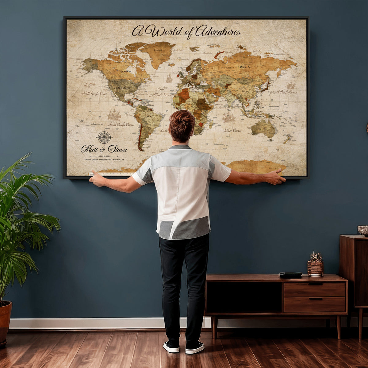 88768647-MGV-CV-36X24 - Extra Large Framed Personalize Push Pin World Map Wall Art Canvas Print for Travel Tracking