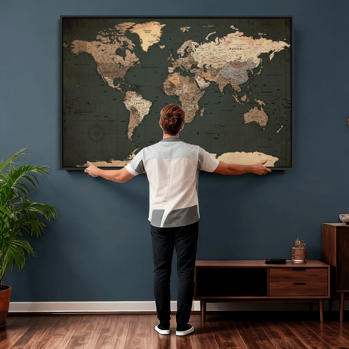 42327656-MGV-CV-36X24 - Extra Large Framed Personalize Push Pin World Map Wall Art Canvas Print for Travel Tracking