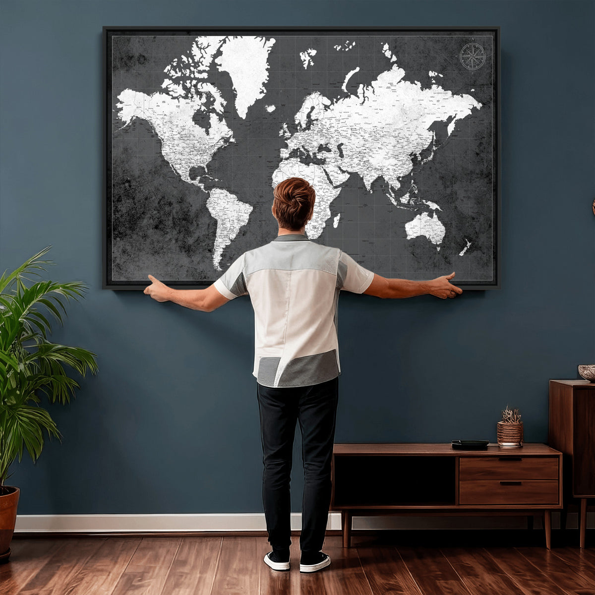 78574966-MGV-CV-36X24 - Extra Large Framed Personalize Push Pin World Map Wall Art Canvas Print for Travel Tracking