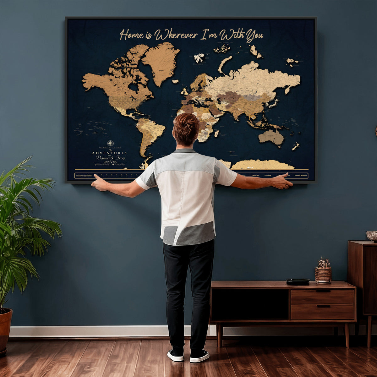 13903533-MGV-CV-36X24 - Extra Large Framed Personalize Push Pin World Map Wall Art Canvas Print for Travel Tracking