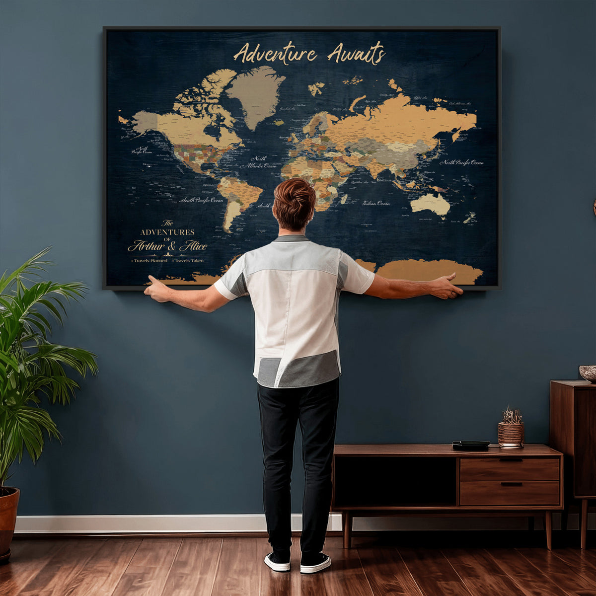 13350960-MGV-CV-36X24 - Extra Large Framed Personalize Push Pin World Map Wall Art Canvas Print for Travel Tracking