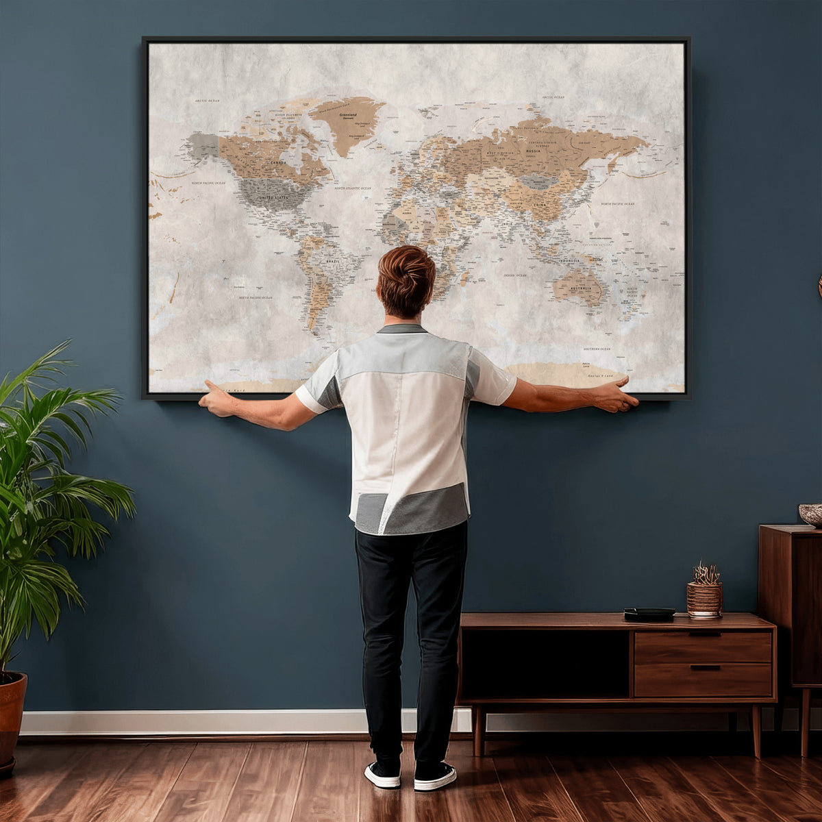 18074626DD-MGV-CV-36X24 - Extra Large Framed Personalize Push Pin World Map Wall Art Canvas Print for Travel Tracking NEWMAP - 009