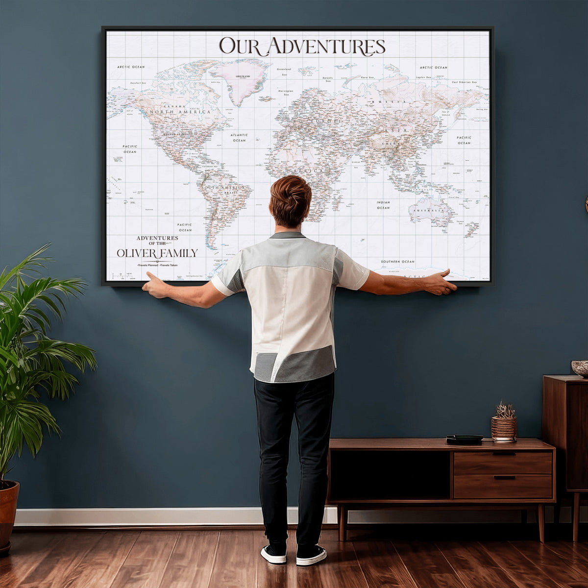 18074626D3DD-MGV-CV-36X24 - Extra Large Framed Personalize Push Pin World Map Wall Art Canvas Print for Travel Tracking NEWMAP - 015