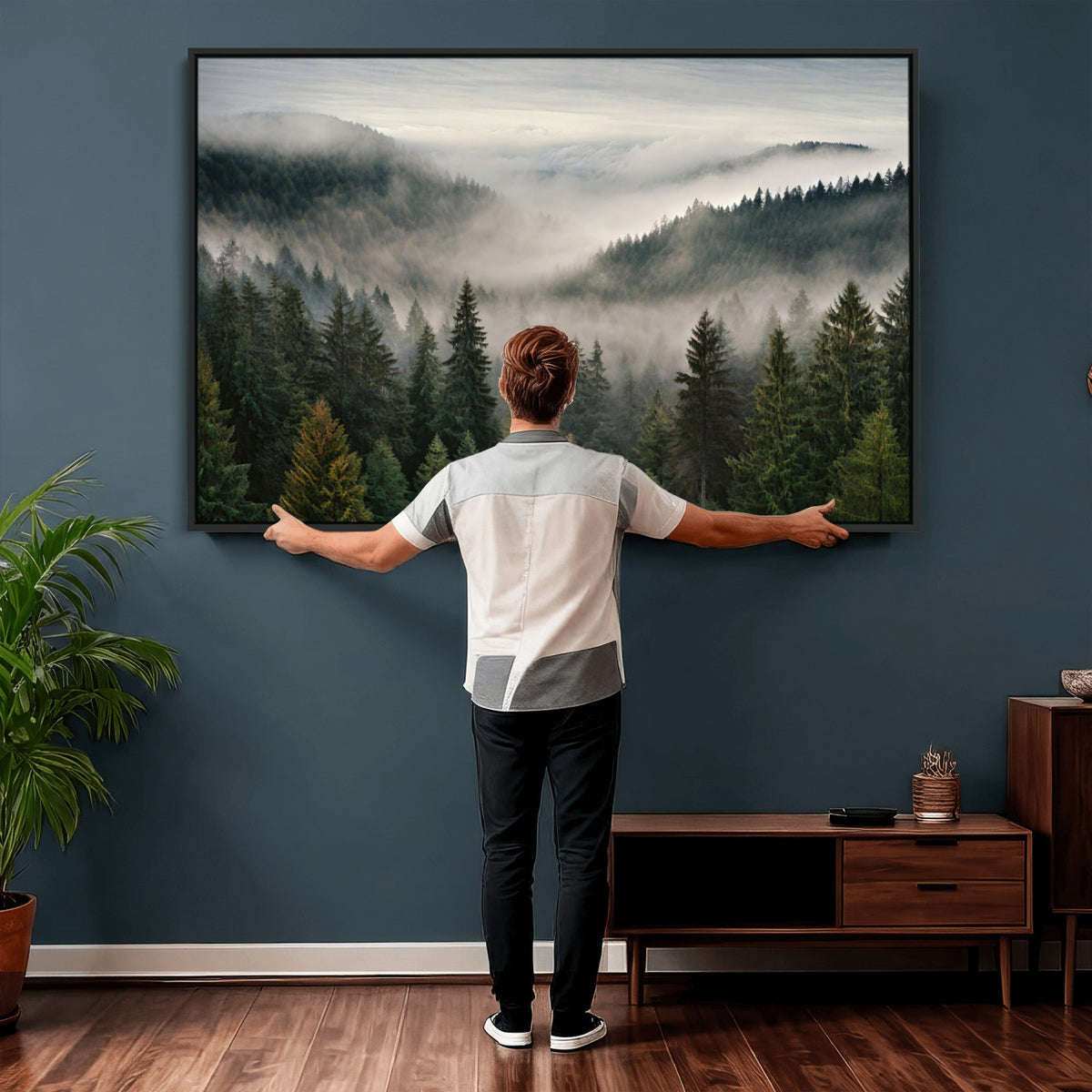 38409495-_Poster-30x20 - Misty Pine Valley Mountain Canvas Print 3 Piece Framed Wall Art Extra Large Floating Frame Nature Poster Made in USA