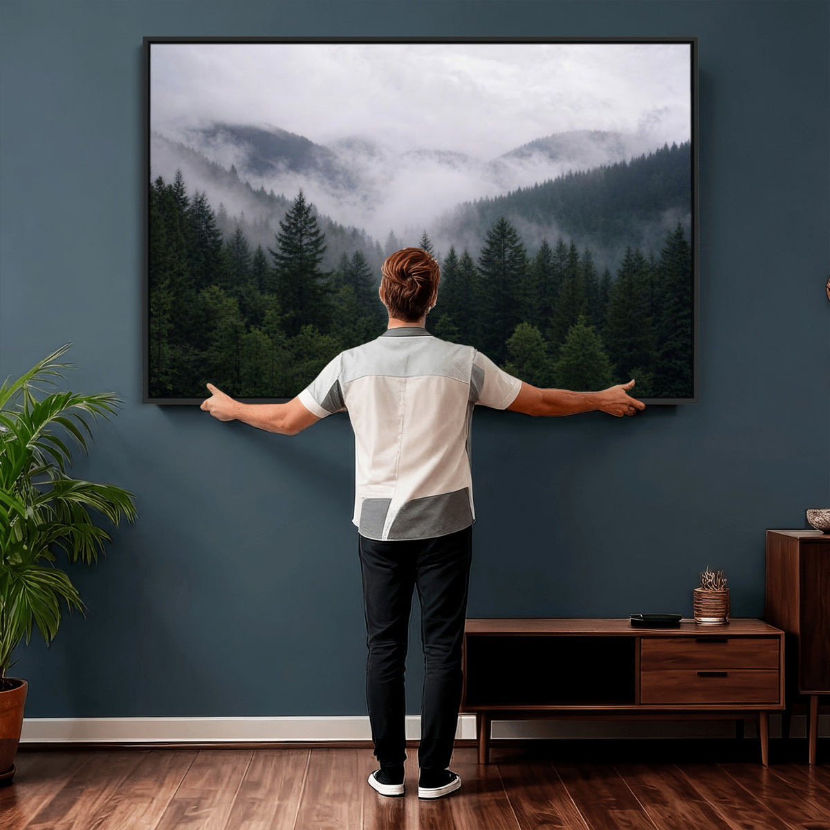 25432119-_Poster-30x20 - Misty Mountain Pine Forest Canvas Print 3 Piece Framed Wall Art Extra Large Floating Frame Nature Poster Made in USA