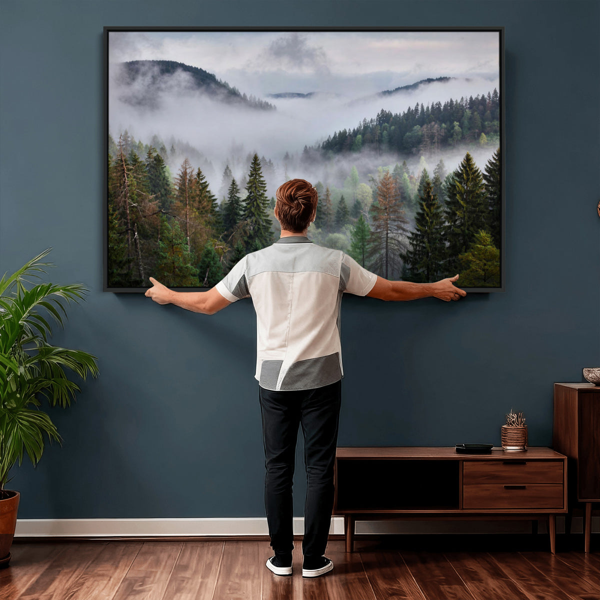 18735847-_Poster-30x20 - Foggy Pine Forest Mountain Canvas Print 3 Piece Framed Wall Art Extra Large Floating Frame Nature Poster Made in USA