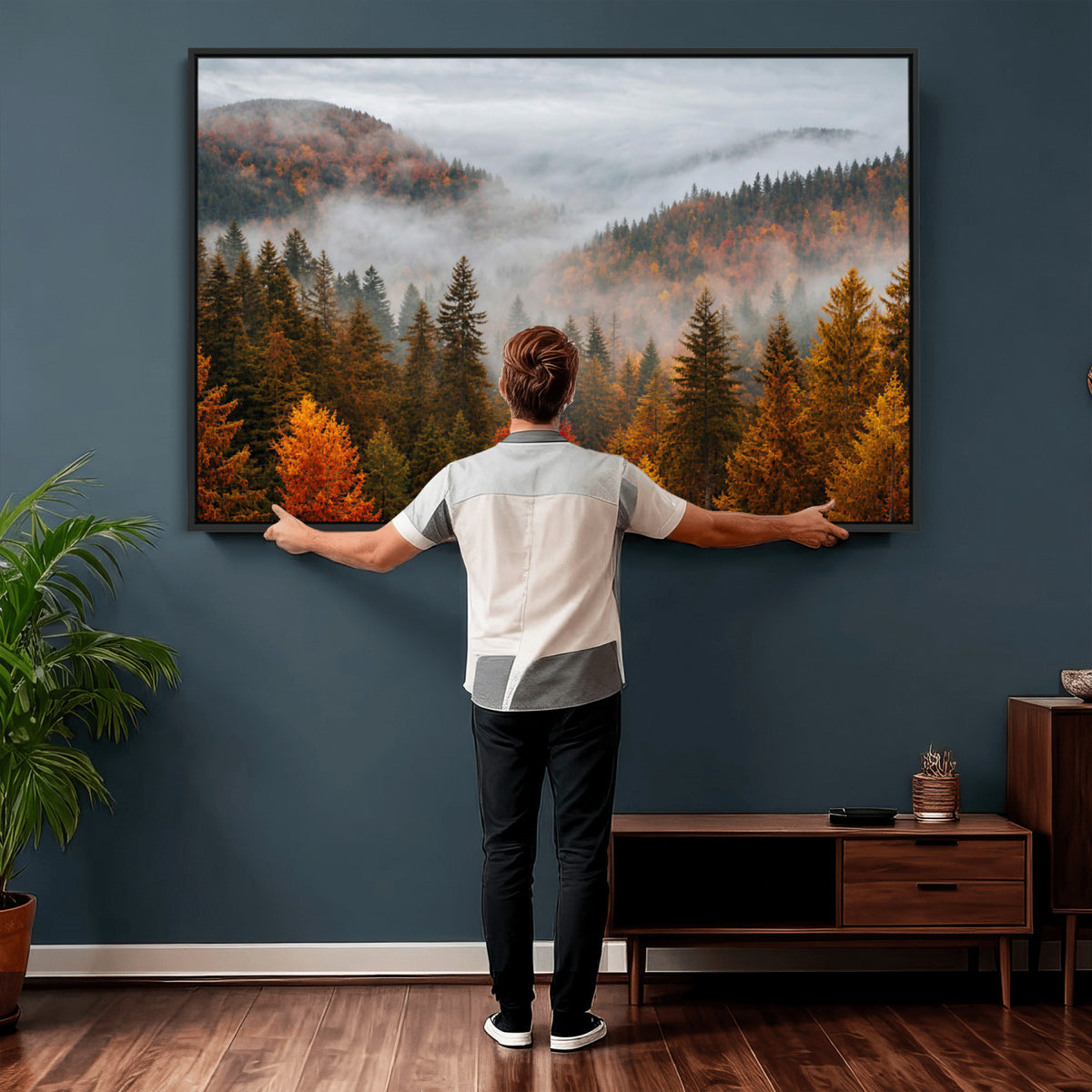 87481341-_Poster-30x20 - Foggy Autumn Mountain Canvas Print Smoky Pine Forest Wall Art Panoramic Nature Poster 3 Piece Made in USA