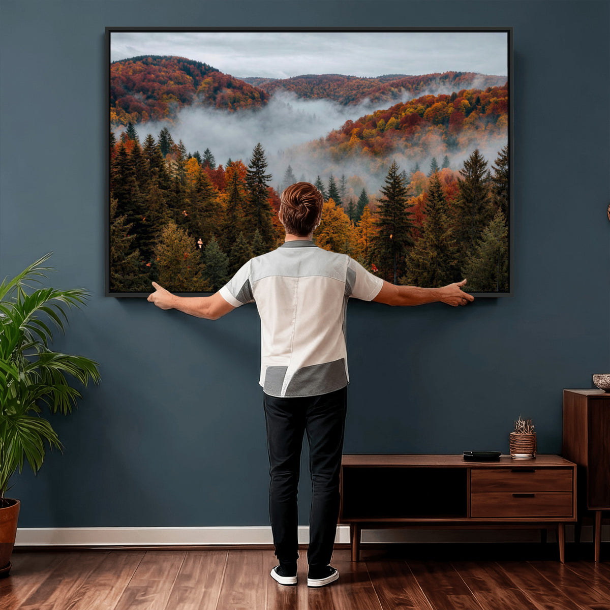 26686263-_Poster-30x20 - Misty Autumn Forest Mountain Canvas Print 3 Panel Wall Art Gallery Wrapped Floating Frame Poster Made in USA