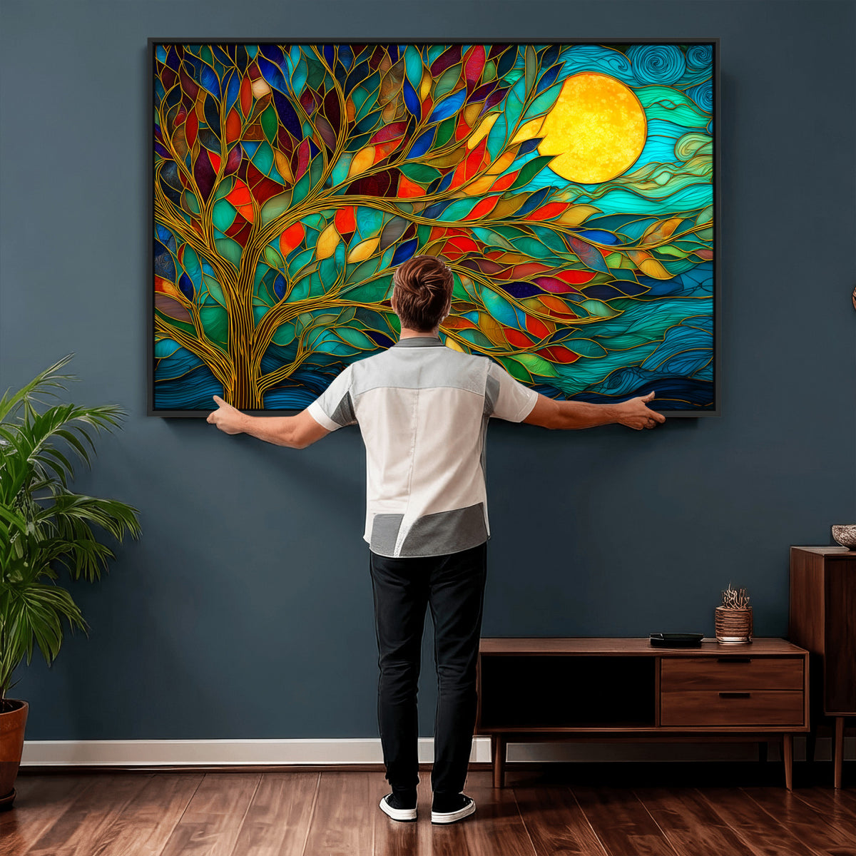 11877152-MGV-CV-36X24 - Stained Glass Tree Of Life Wall Art - Vibrant Mosaic Nature Home Decor