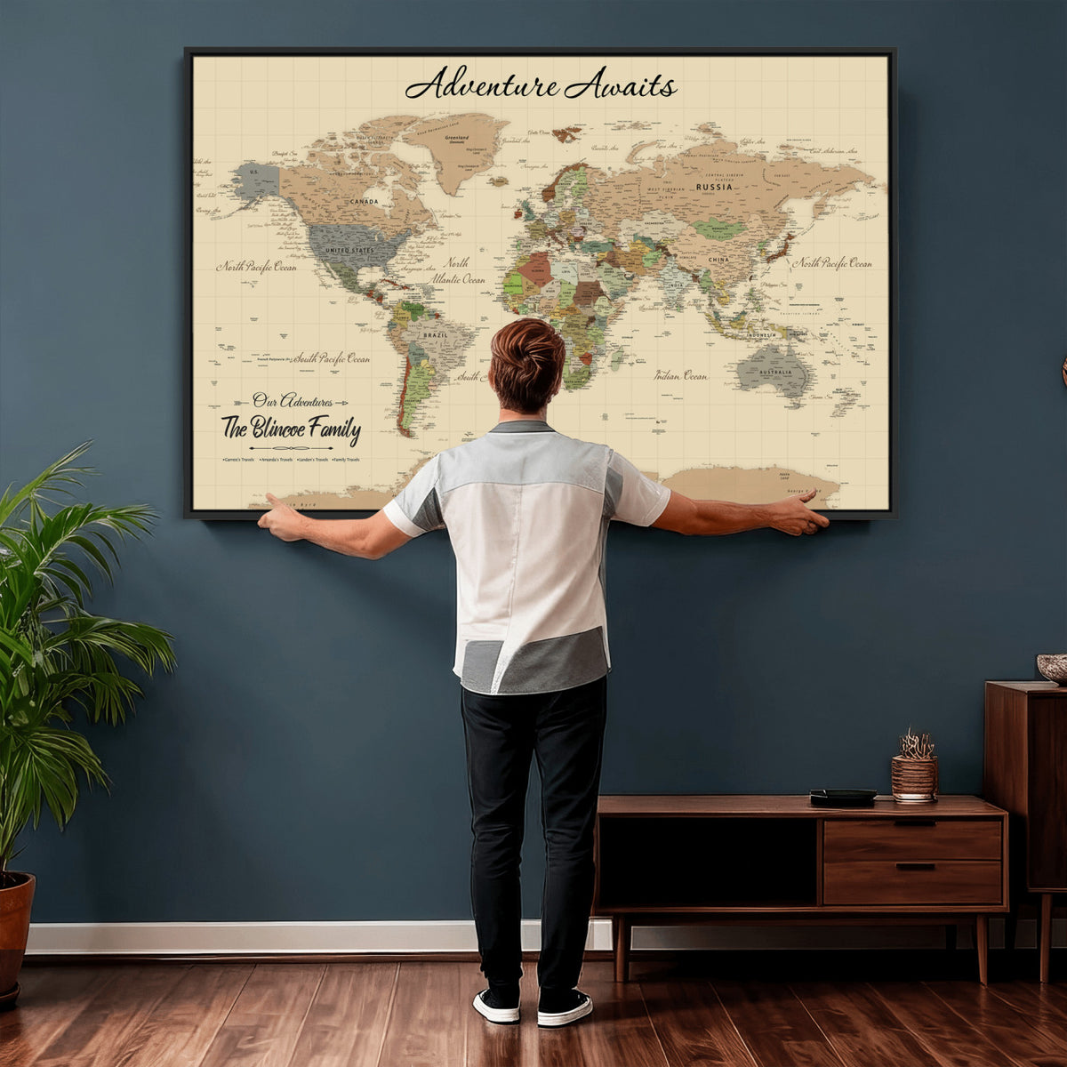 25730261D-MGV-CV-36X24 - Custom Push Pin World Map Wall Art Canvas Print | Personalized Travel Tracker with Pins Framed Large for Home and Office Decor