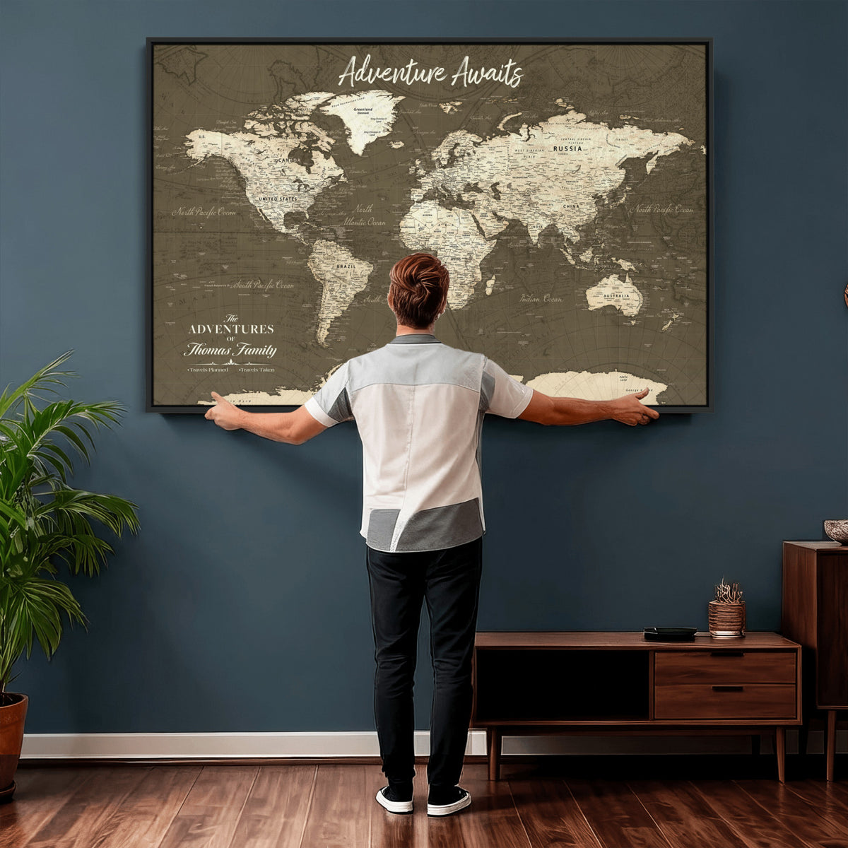 27762875D-MGV-CV-36X24 - Custom Push Pin World Map Wall Art Canvas Print | Personalized Travel Tracker with Pins Framed Large for Home and Office Decor