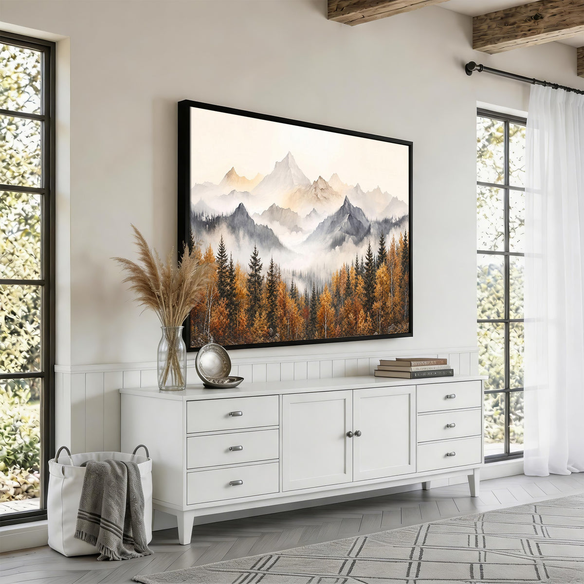 19544118-_Poster-30x20 - Misty Mountain Autumn Forest Canvas Wall Art - Watercolor Fall Nature Landscape Print