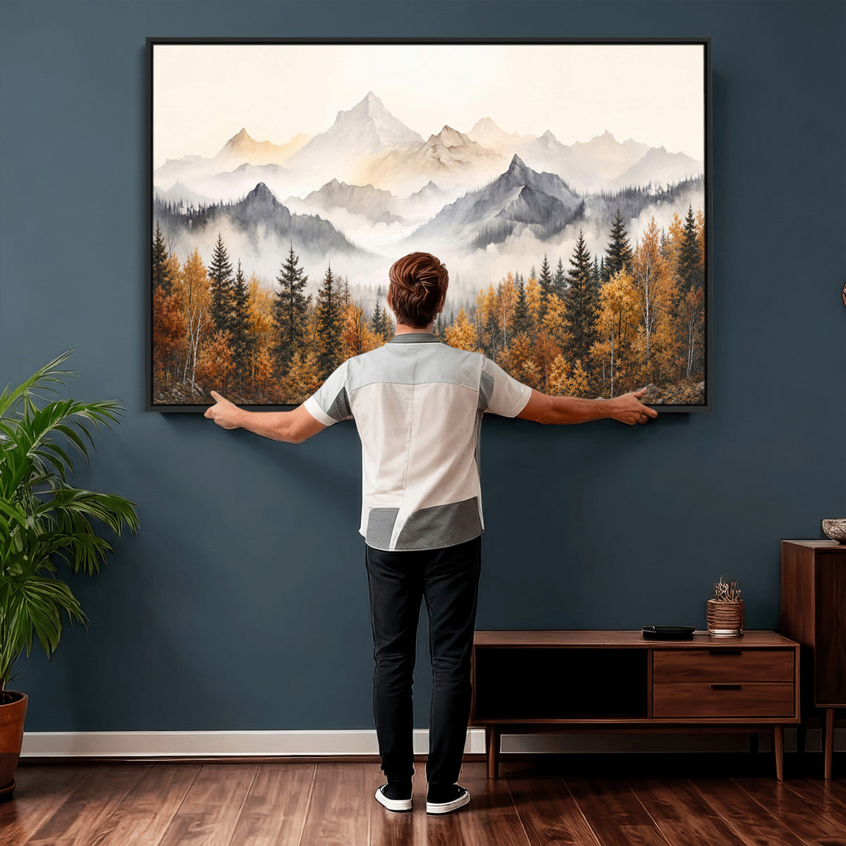 19544118-MGV-TP-30X20 - Misty Mountain Autumn Forest Canvas Wall Art - Watercolor Fall Nature Landscape Print