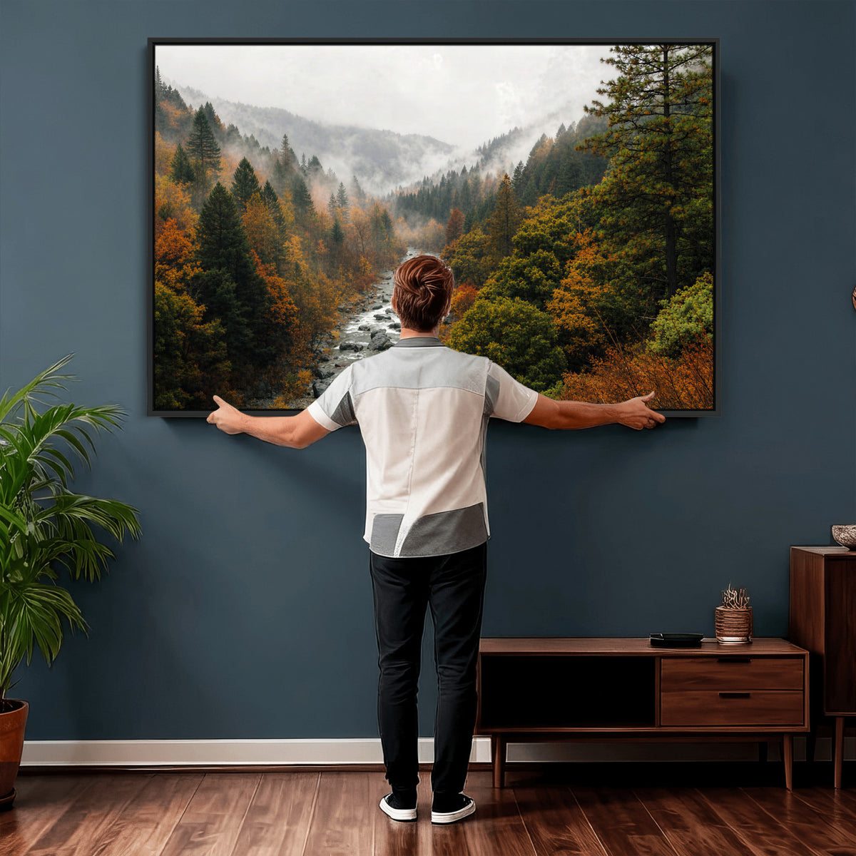 95540697-MGV-TP-30X20 - Misty River Mountain Valley Canvas Wall Art - Autumn Forest Landscape Nature Print