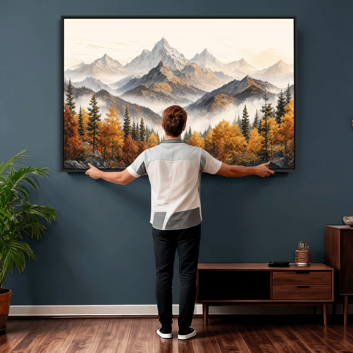 21309099-MGV-TP-30X20 - Extra Large Misty Mountain Autumn Forest Canvas Wall Art - Watercolor Fall Nature Landscape Print