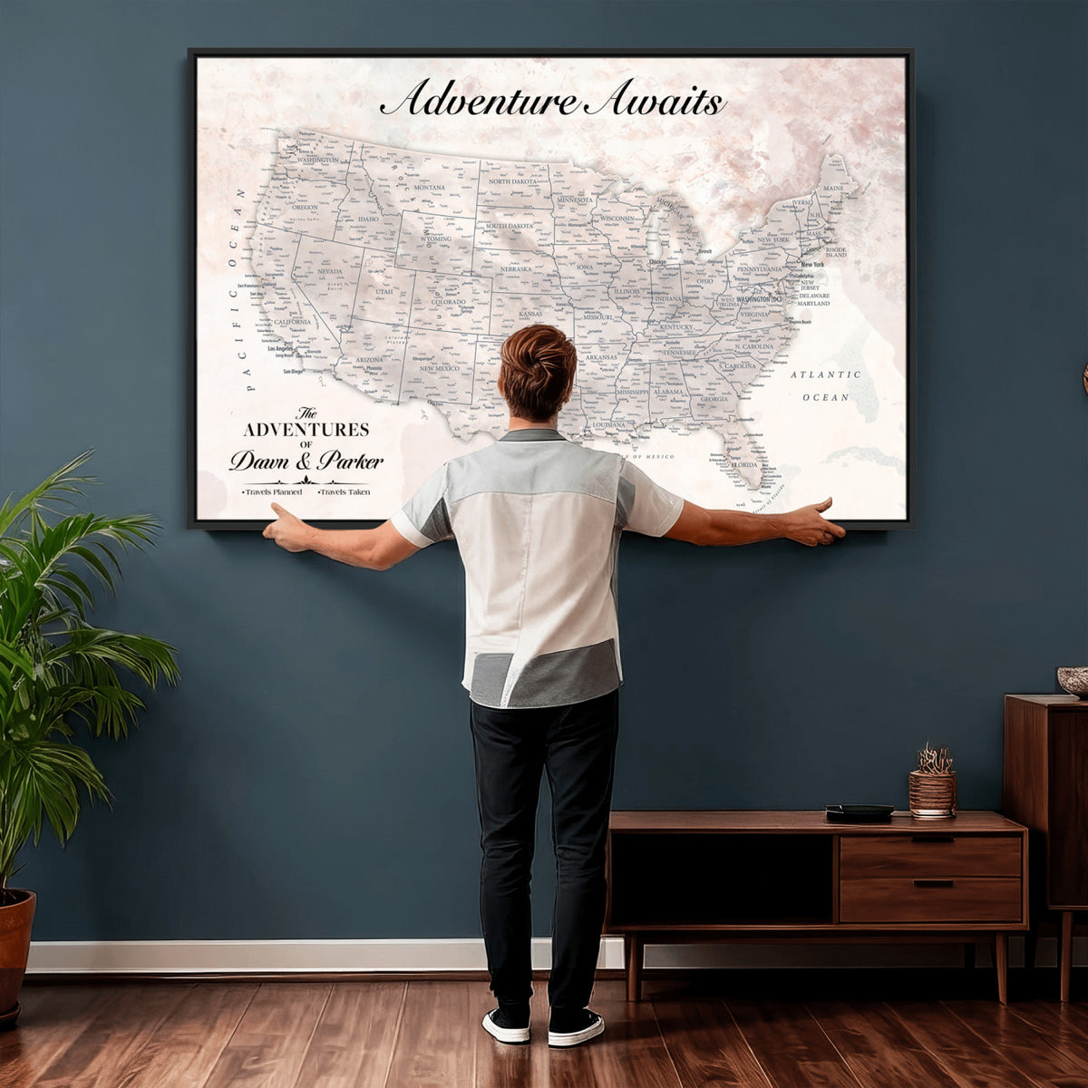 50687859-MGV-CV-36X24 - Custom USA Push Pin Travel Map Canvas Wall Art - Personalized Couples Gift Flat Digital Print