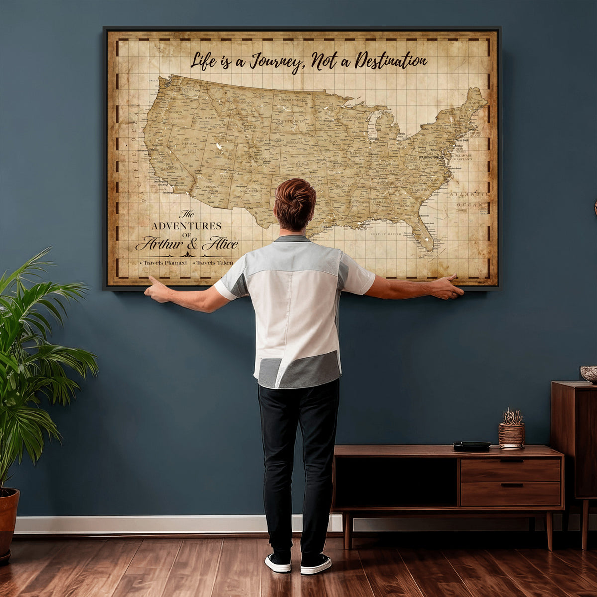 90686209-MGV-CV-36X24 - Custom USA Push Pin Travel Map Canvas Wall Art - Personalized Couples Gift Flat Digital Print