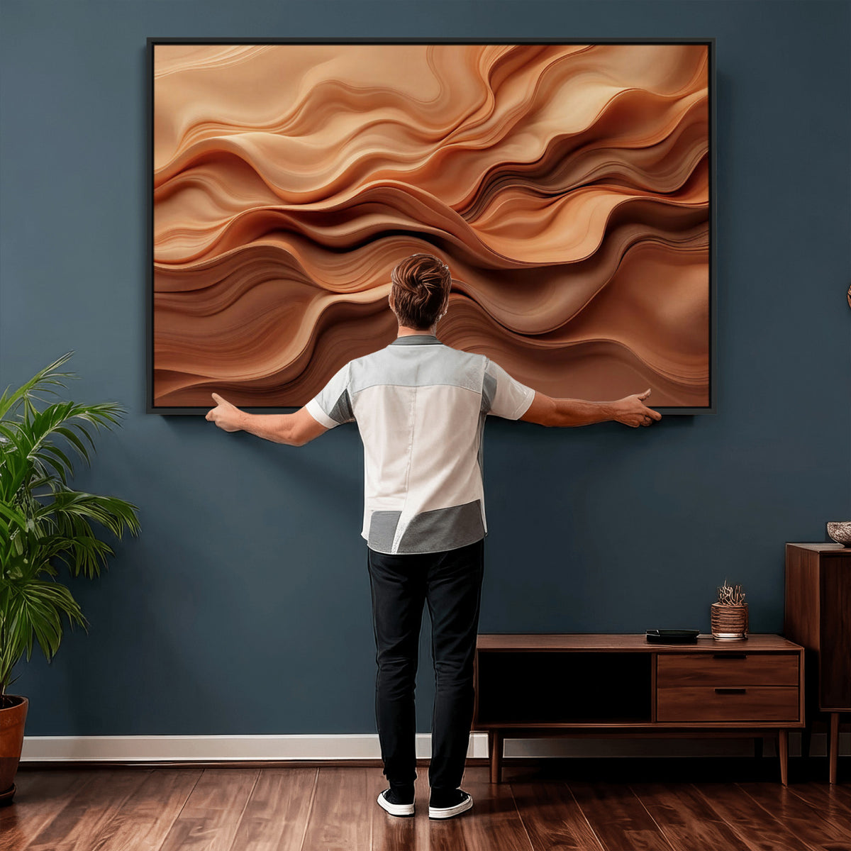 82230697-MGV-CV-36X24 - Modern Abstract Fluid Waves Canvas Wall Art - Minimalist Warm Terracotta Beige Sand Print