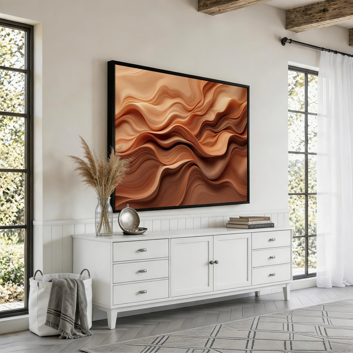 82230697-_Poster-30x20 - Modern Abstract Fluid Waves Canvas Wall Art - Minimalist Warm Terracotta Beige Sand Print