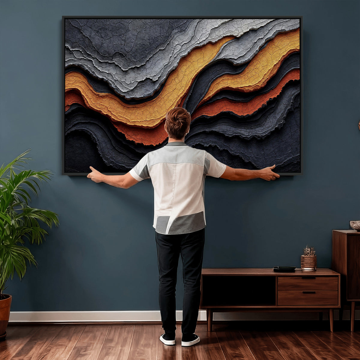 59852489-MGV-CV-36X24 - Abstract Waves Canvas Wall Art - Modern Terracotta and Charcoal Gray Print