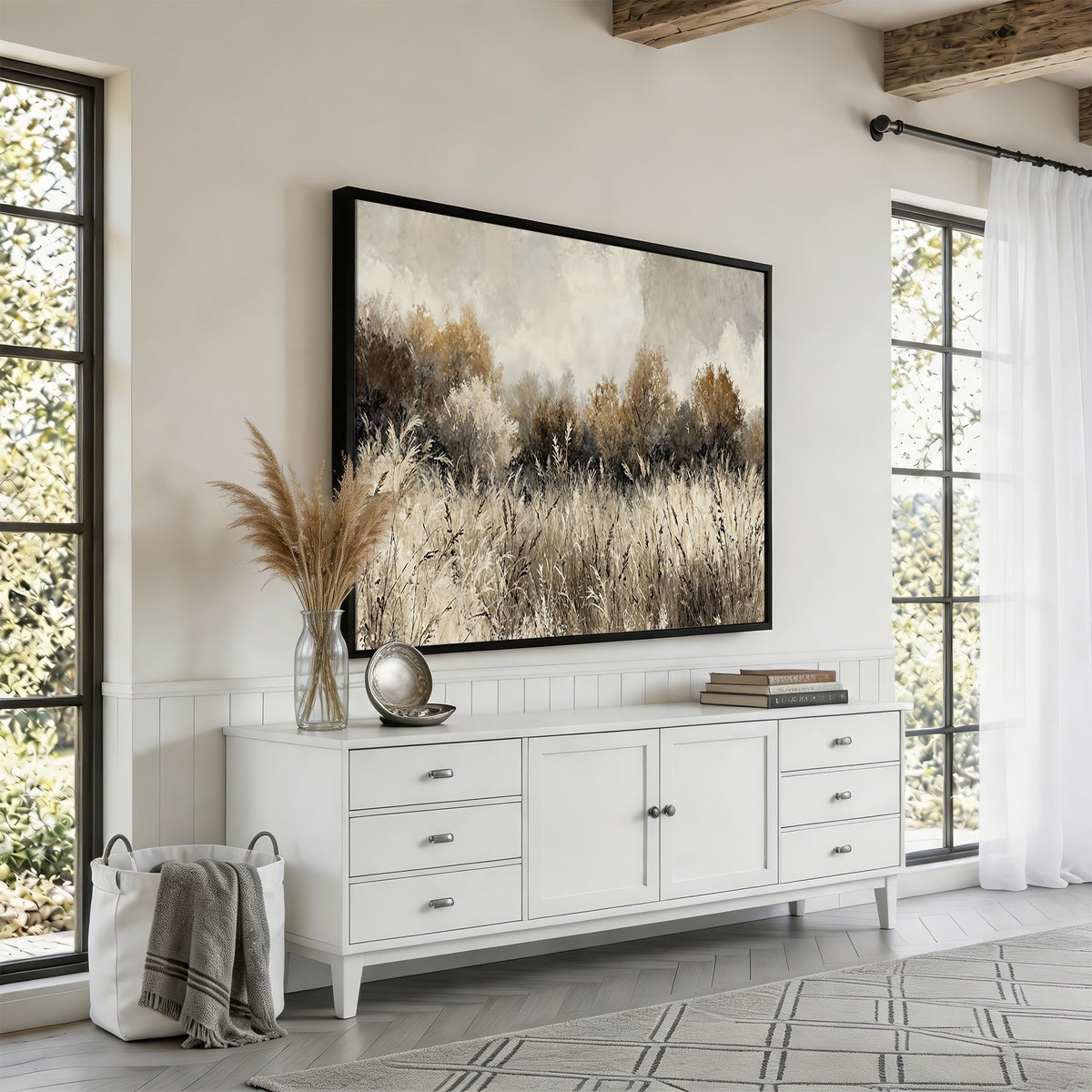 53959945-_Poster-30x20 - Muted Neutral Forest Landscape Canvas Wall Art - Vintage Rustic Wildflower Meadow Print