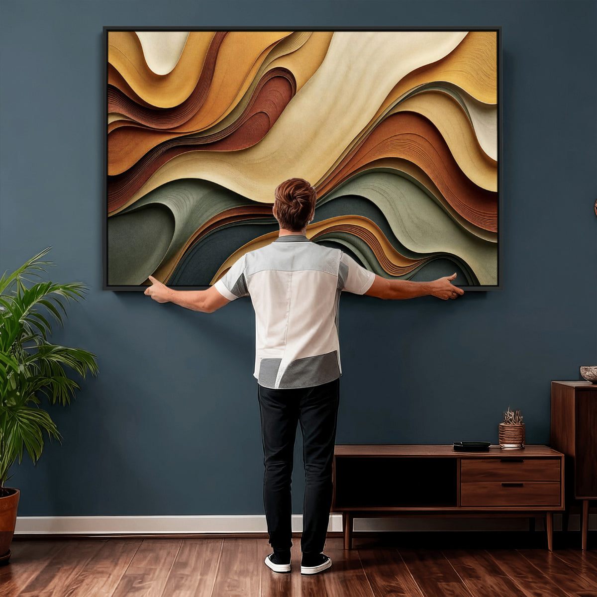 19337902-MGV-CV-36X24 - Modern Abstract Waves Canvas Wall Art - Minimalist Earthy Tone Living Room Decor