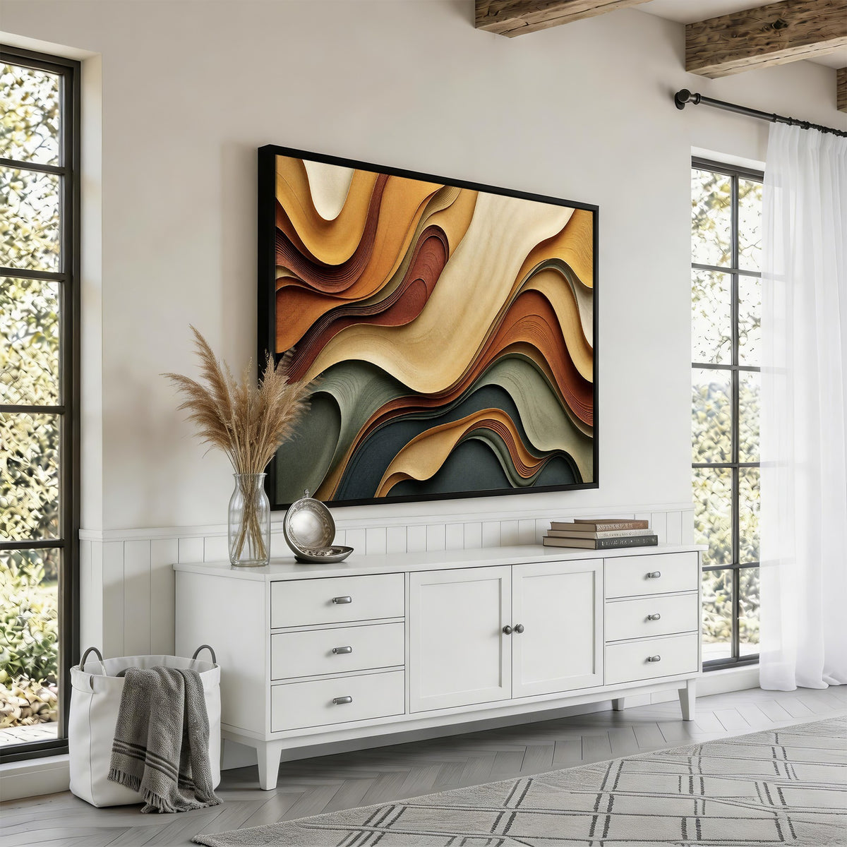 19337902-_Poster-30x20 - Modern Abstract Waves Canvas Wall Art - Minimalist Earthy Tone Living Room Decor